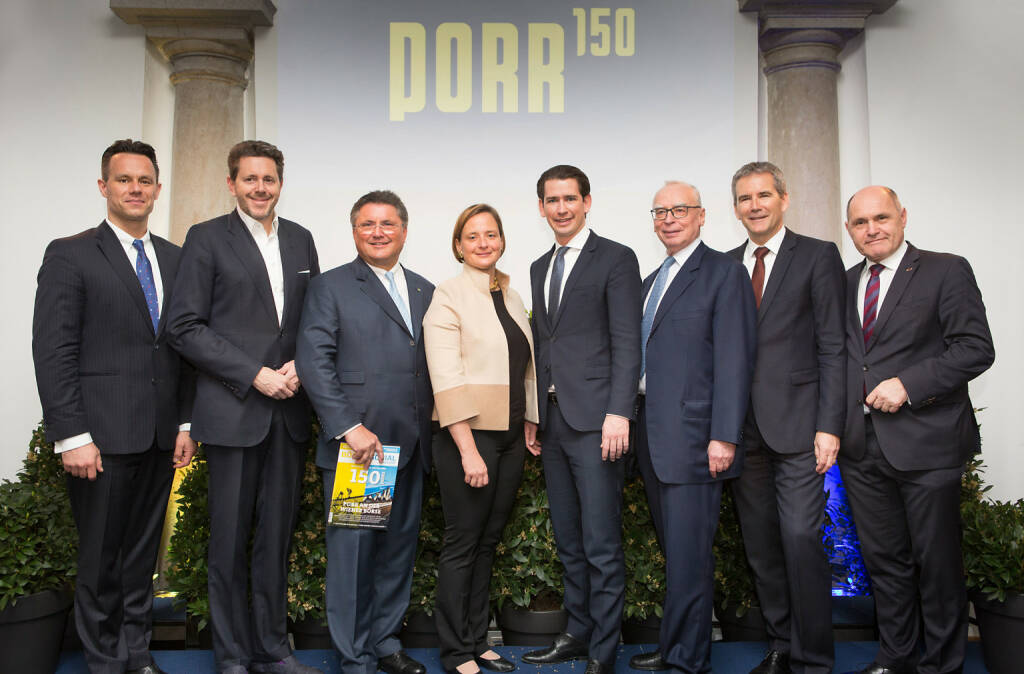 150 Jahre Porr an der Börse: Börse-Chef Christoph Boschan, Harald Mahrer, Porr-Chef Karl-Heinz Strauss, Kanzler Sebastian Kurz, Finanzminister Löger, Credit: APA-Fotoservice (08.04.2019) 