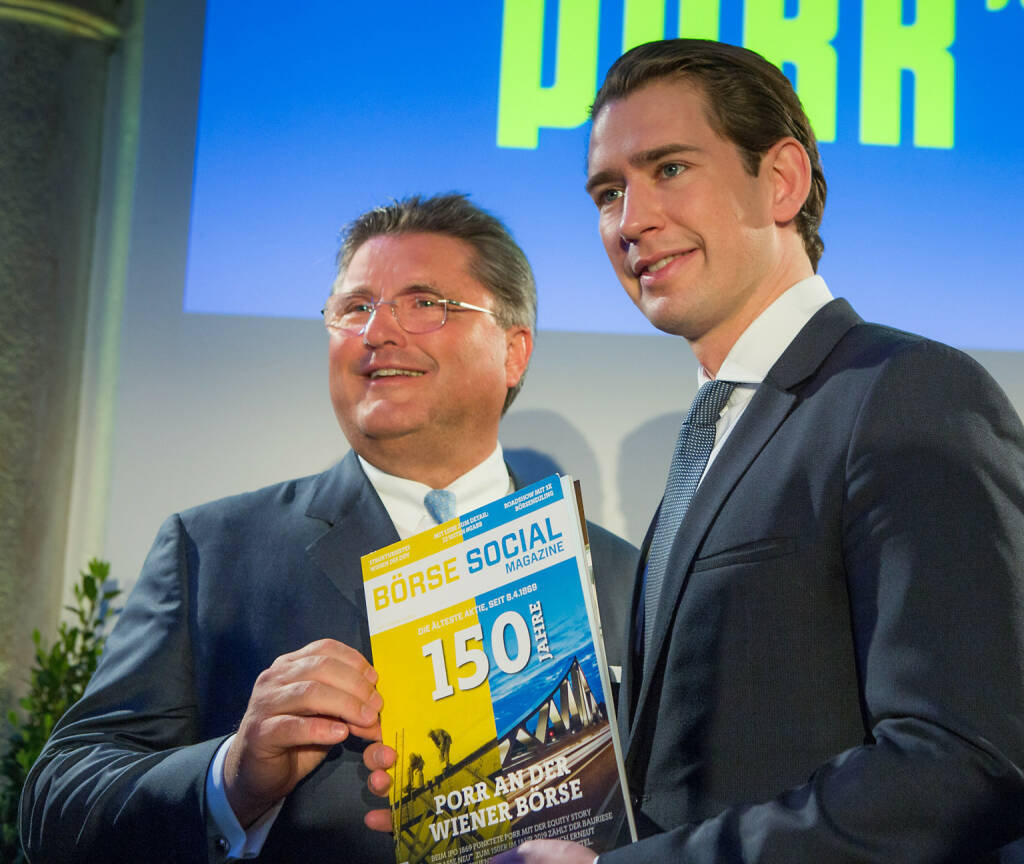 Porr-Chef Karl-Heinz Strauss und Kanzler Sebastian Kurz mit dem aktuellen Börse Social Magazine; Credit: APA-Fotoservice (08.04.2019) 