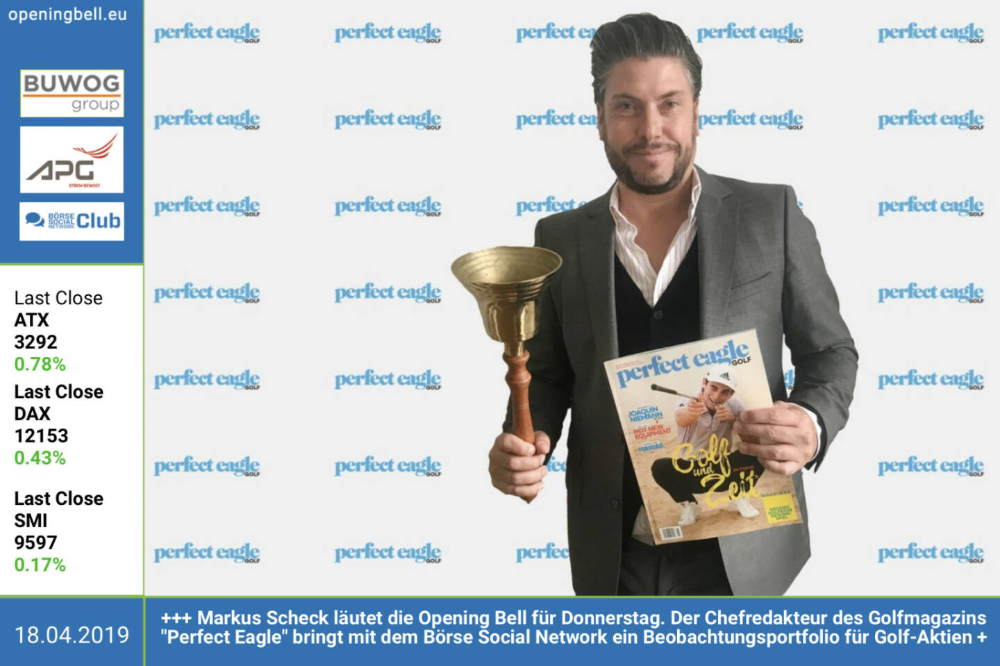 18.4.:  Markus Scheck läutet die Opening Bell für Donnerstag. Der Chefredakteur des Golfmagazins Perfect Eagle bringt mit dem Börse Social Network ein Beobachtungsportfolio für Golf-Aktien https://www.perfect-eagle.com http://www.wikifolio.com https://www.facebook.com/search/top/?q=sportsblogged http://www.runplugged.com