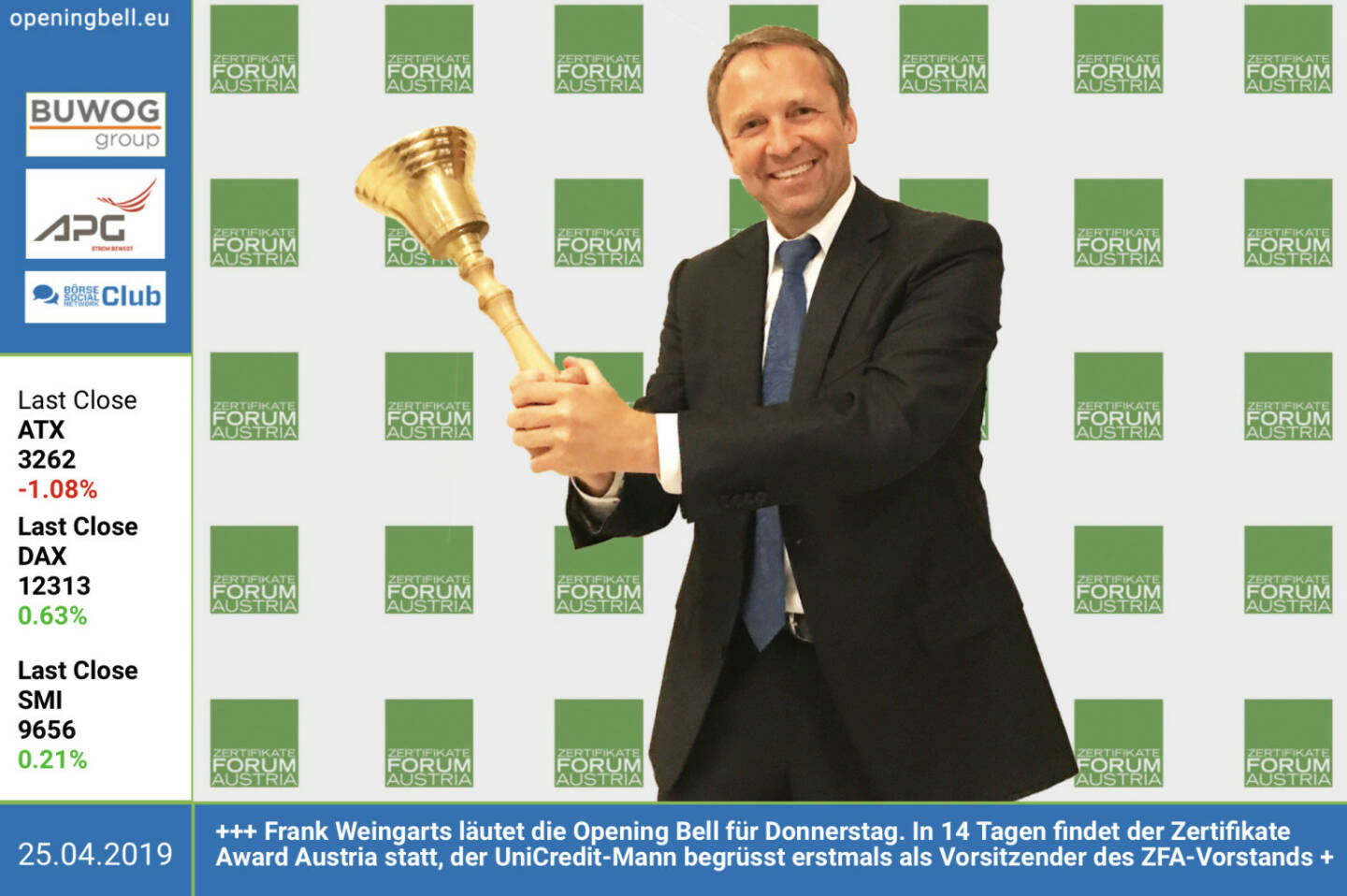 25.4:  Frank Weingarts läutet die Opening Bell für Donnerstag. In 14 Tagen findet der Zertifikate Award Austria statt, der UniCredit-Mann begrüsst erstmals als Vorsitzender des ZFA-Vorstands http://www.zertifikateforum.at https://www.onemarkets.at/de.html https://www.facebook.com/groups/GeldanlageNetwork