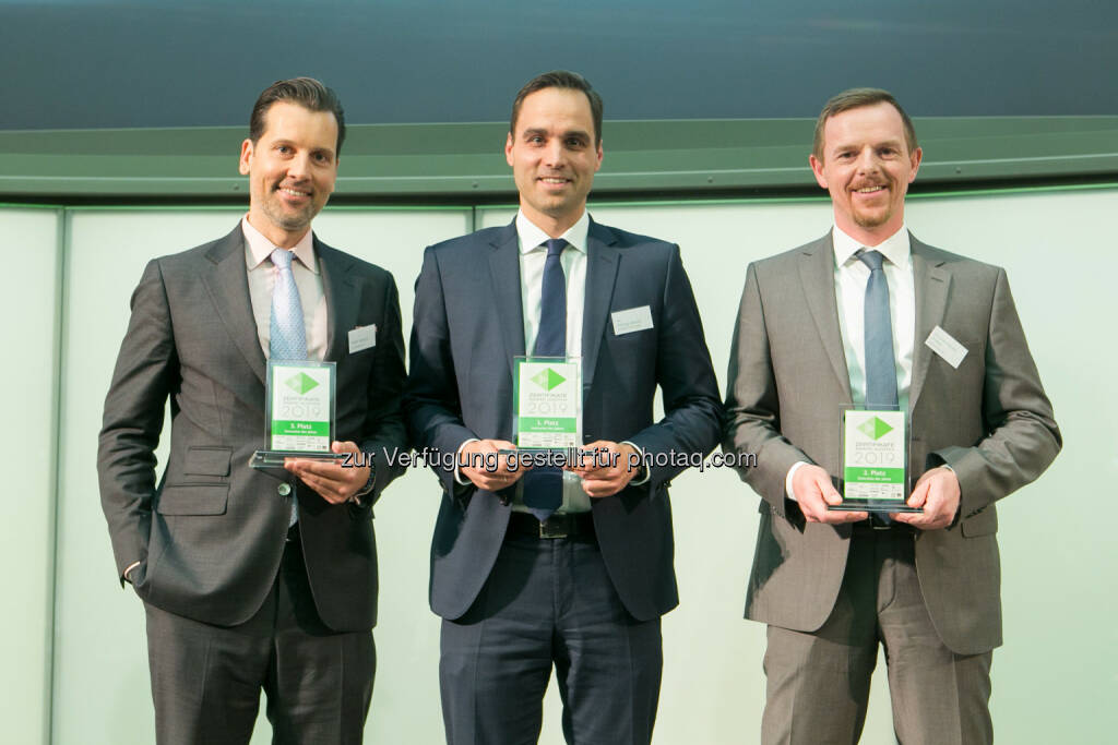 Zertifikate Award Austria 2019 - Innovation - André Albrecht (UniCredit onemarkets), Philipp Arnold (RCB), Christian-Hendrik Knappe (Deutsche Bank X-markets), © Martina Draper (10.05.2019) 