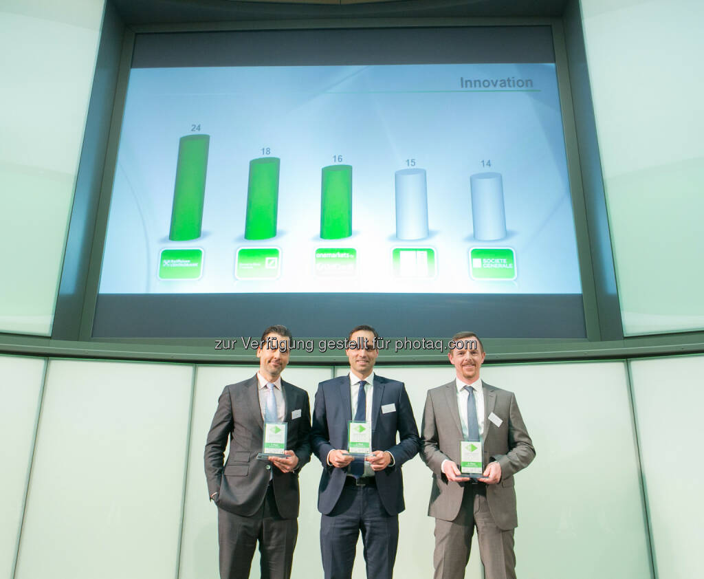 Zertifikate Award Austria 2019 - Innovation - André Albrecht (UniCredit onemarkets), Philipp Arnold (RCB), Christian-Hendrik Knappe (Deutsche Bank X-markets), © Martina Draper (10.05.2019) 