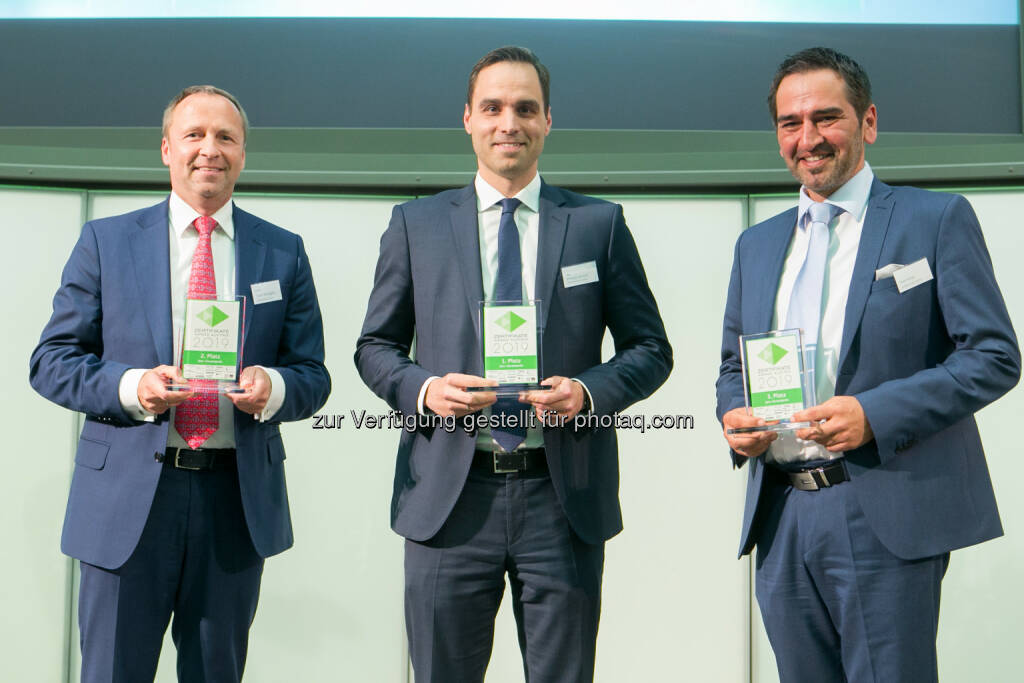 Zertifikate Award Austria 2019 - Gesamtwertung, Frank Weingarts (UniCredit onemarkets), Philipp Arnold (RCB), Uwe Kolar (Erste), © Martina Draper (10.05.2019) 
