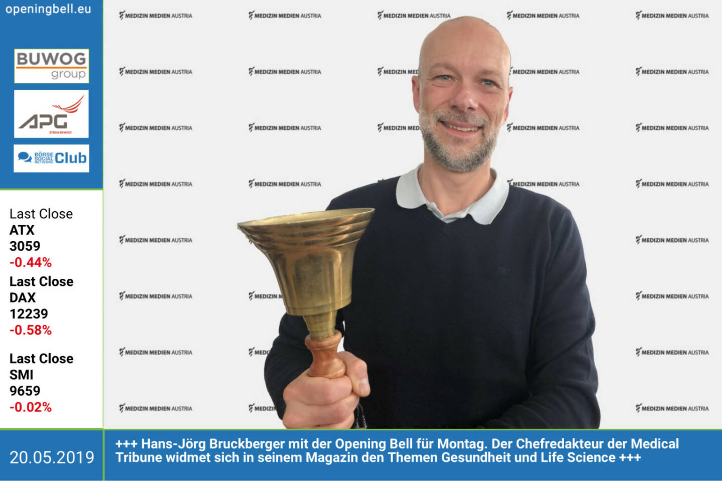 20.5.: Hans-Jörg Bruckberger mit der Opening Bell für Montag. Der Chefredakteur der Medical Tribune widmet sich in seinem Magazin den Themen Gesundheit und Life Science. https://medizin-medien.at  https://www.facebook.com/groups/GeldanlageNetwork