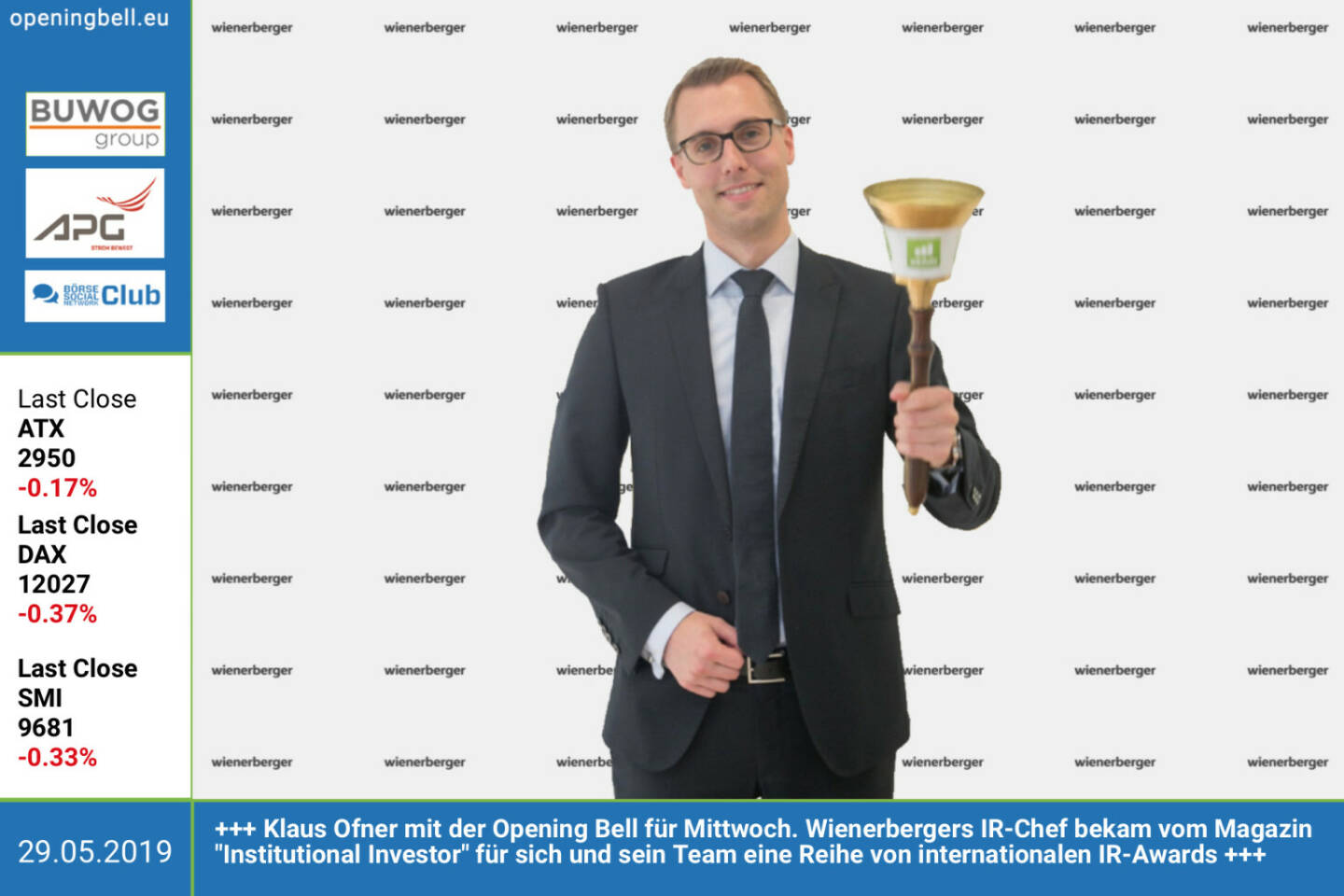 29.5.: Klaus Ofner mit der Opening Bell für Mittwoch. Wienerbergers IR-Chef bekam vom Magazin Institutional Investor für sich und sein Team eine Reihe von internationalen IR-Awards http://www.wienerberger.com https://www.facebook.com/groups/GeldanlageNetwork