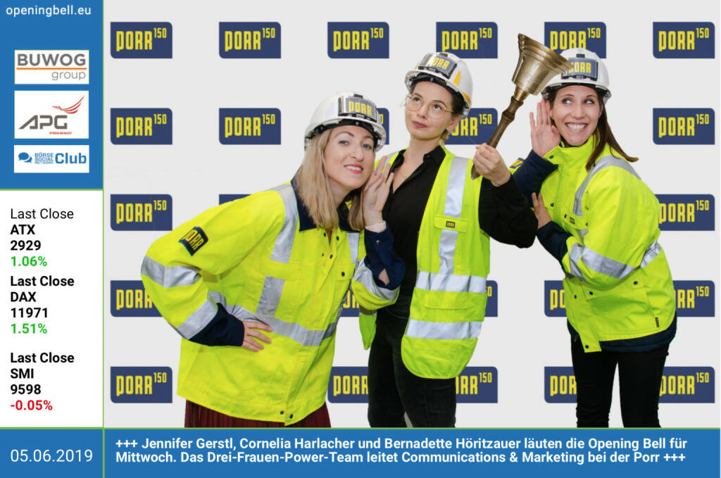 5.6.: Jennifer Gerstl, Cornelia Harlacher und Bernadette Höritzauer läuten die Opening Bell für Mittwoch. Das Drei-Frauen-Power-Team leitet Communications & Marketing bei der Porr http://porr-group.com https://www.facebook.com/groups/GeldanlageNetwork (05.06.2019) 