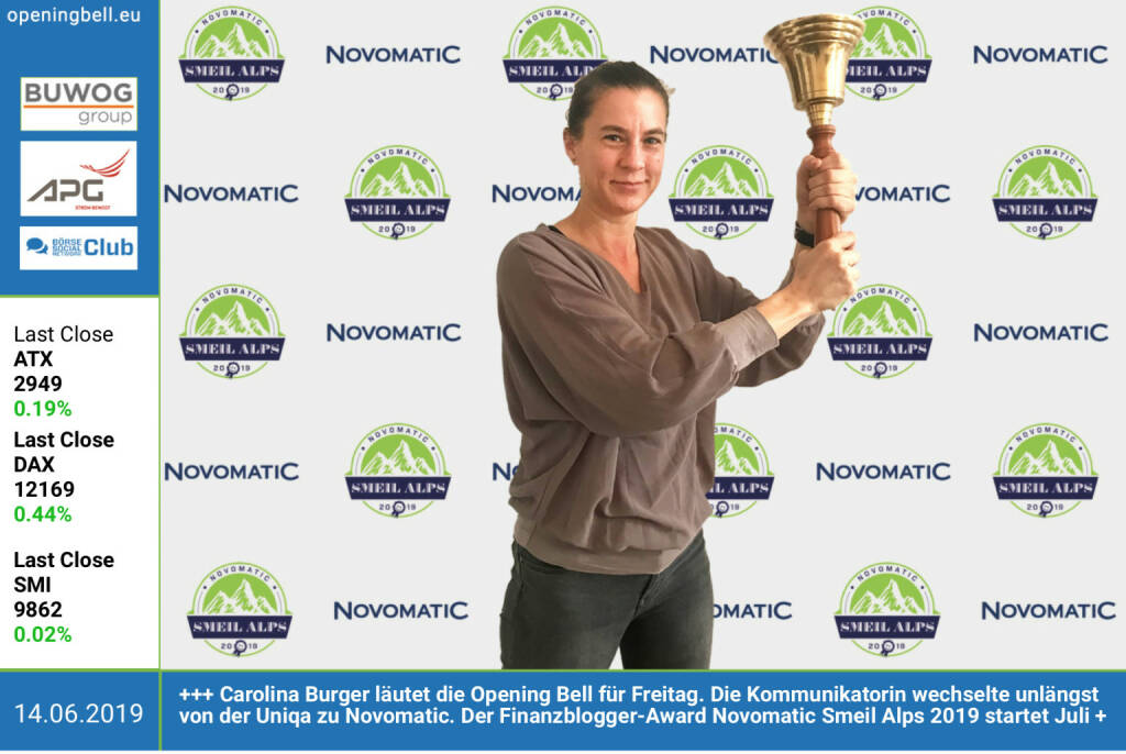 14.6.: Carolina Burger läutet die Opening Bell für Freitag. Die Kommunikatorin wechselte unlängst von der Uniqa zu Novomatic. Der Finanzblogger-Award Novomatic Smeil Alps 2019 startet Anfang Juli http://www.smeil-award.com http://www.novomatic.com  (14.06.2019) 
