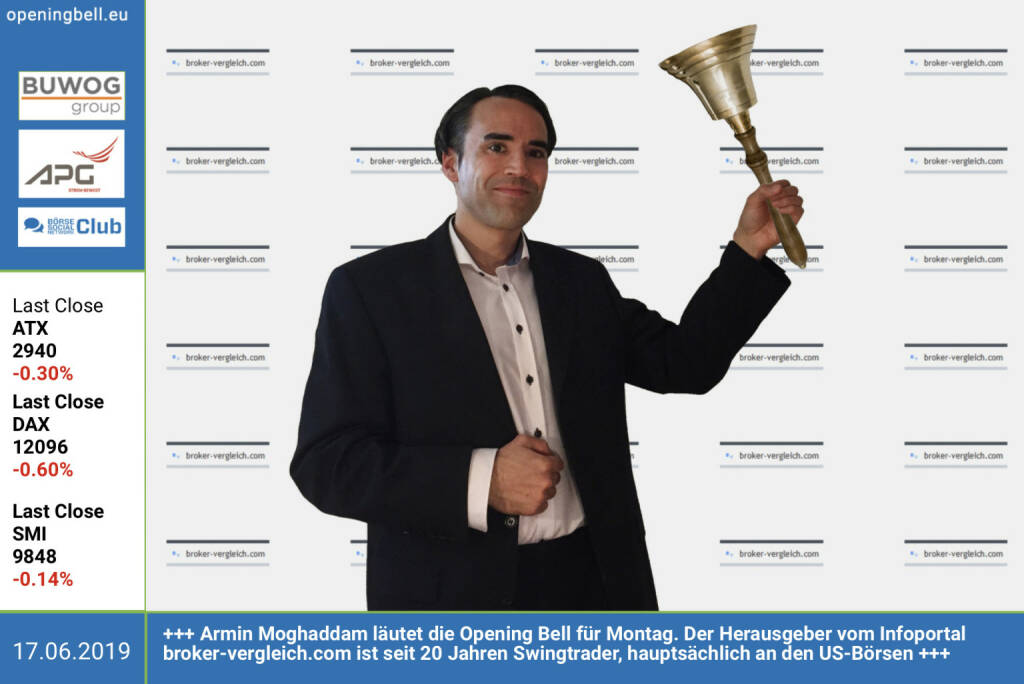 17.6.: Armin Moghaddam läutet die Opening Bell für Montag. Der Herausgeber vom Infoportal broker-vergleich.com ist seit 20 Jahren Swingtrader, hauptsächlich an den US-Börsen https://www.broker-vergleich.com https://www.facebook.com/groups/GeldanlageNetwork (17.06.2019) 