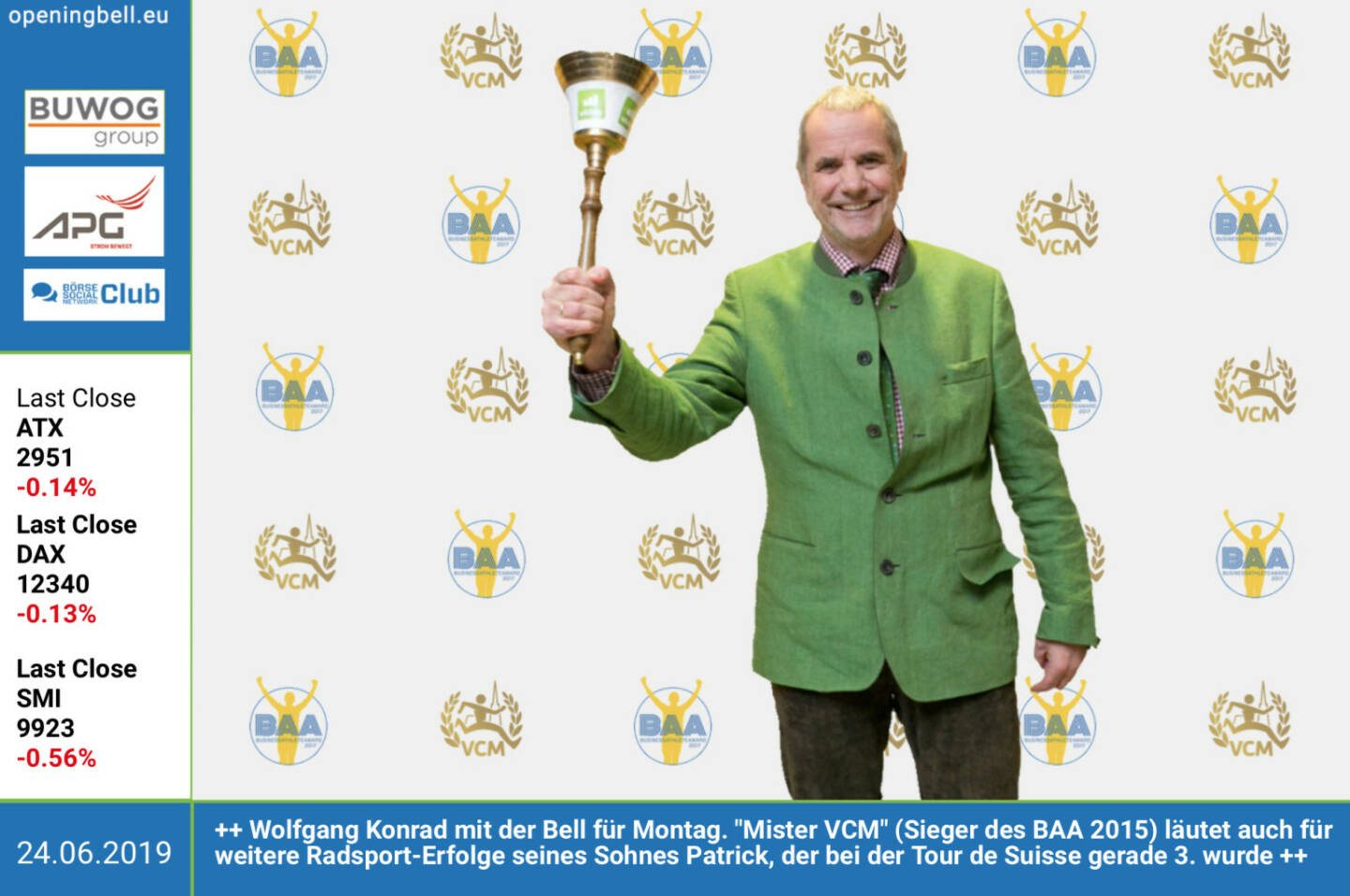 24.6.: Wolfgang Konrad mit der Opening Bell für Montag. Mister VCM (Sieger des BAA 2015) läutet auch für weitere Radsport-Erfolge seines Sohnes Patrick, der bei der Tour de Suisse gerade 3. wurde. Gratulation an Patrick auch von uns! https://www.tourdesuisse.ch/de/ https://www.vienna-marathon.com/ http://www.runplugged.com/baa https://www.facebook.com/search/top/?q=sportsblogged http://www.runplugged.com 