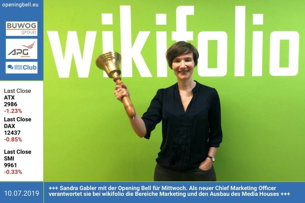 10.7.: Sandra Gabler mit der Opening Bell für Mittwoch. Als neuer Chief Marketing Officer verantwortet sie bei wikifolio die Bereiche Marketing und den Ausbau des Media Houses http://wikifolio.com https://www.facebook.com/groups/GeldanlageNetwork (10.07.2019) 