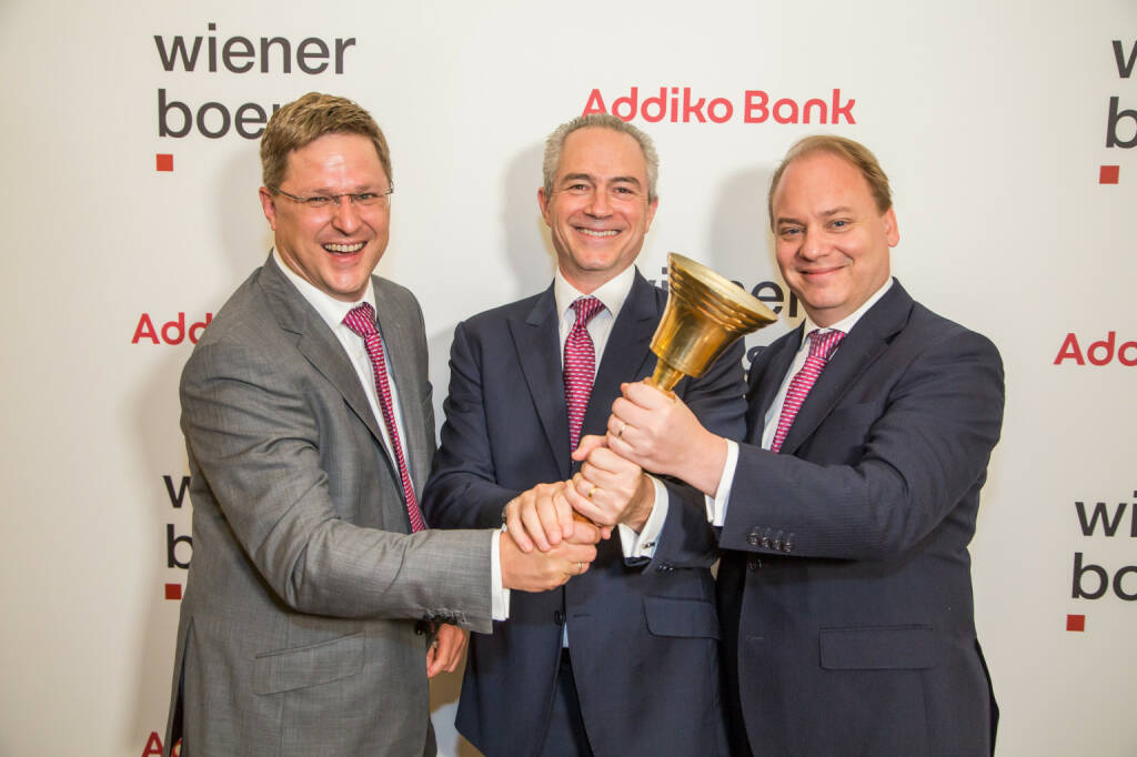 Addiko-Vorstandsteam: Csongor Németh (Chief Corporate & SME Banking Officer), CEO Razvan Munteanu, CFO Johannes Proksch, Quelle: Wiener Börse (12.07.2019) 