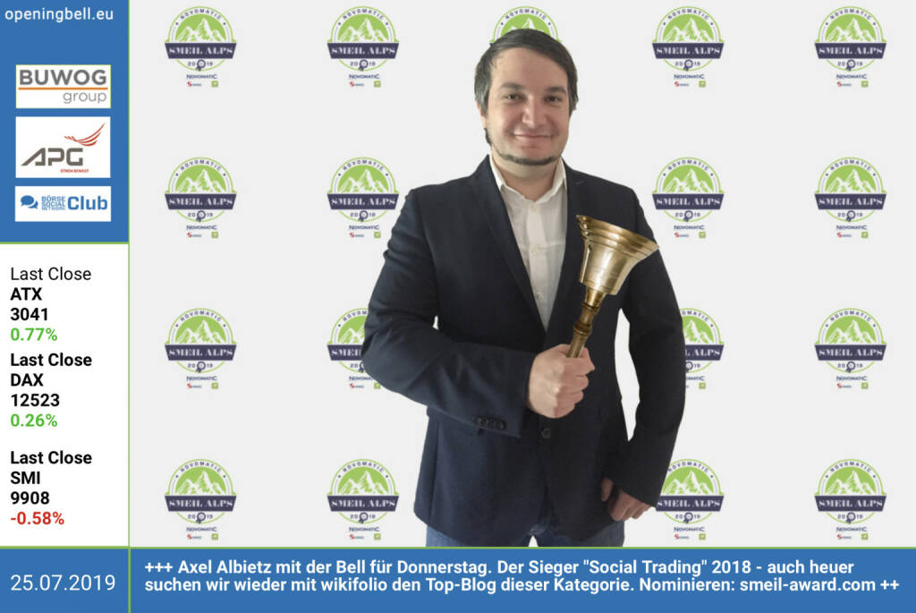 25.7.: Axel Albietz mit der Opening Bell für Donnerstag. Der Sieger Social Trading 2018 - auch heuer suchen wir im Rahmen des Novomatic Smeil Alps wieder mit wikifolio den Top-Blog dieser Kategorie. Nominieren: http://smeil-award.com  (25.07.2019) 