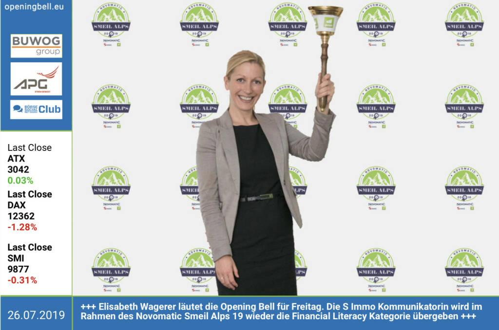 26.7.: Elisabeth Wagerer läutet die Opening Bell für Freitag. Die S Immo Kommunikatorin wird im Rahmen des Novomatic Smeil Alps 19 wieder die Financial Literacy Kategorie übergeben Nominieren: http://smeil-award.com https://www.simmoag.at  (26.07.2019) 