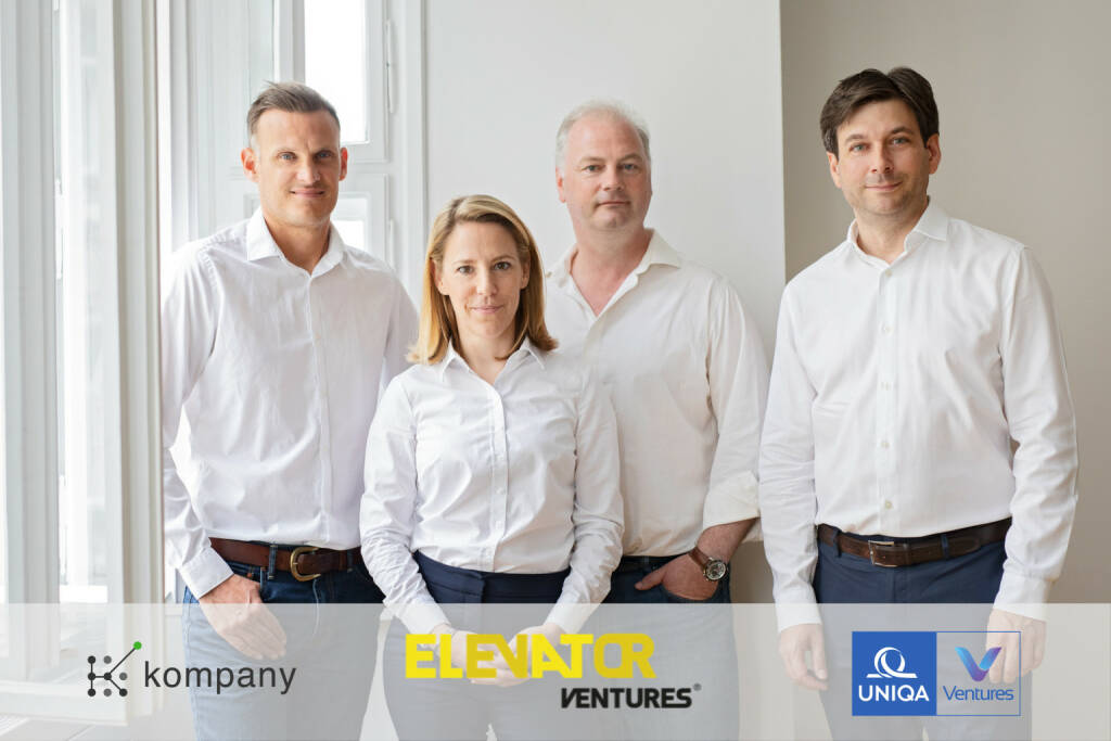 Elevator Ventures & Uniqa Ventures investieren in kompany: Andrew Bunce, Chief Product Officer; Peter Bainbridge-Clayton, Co-Founder & CTO; Johanna Konrad, Chief Operating Officer; Russell E. Perry, Founder & CEO; Credit: kompany (07.08.2019) 