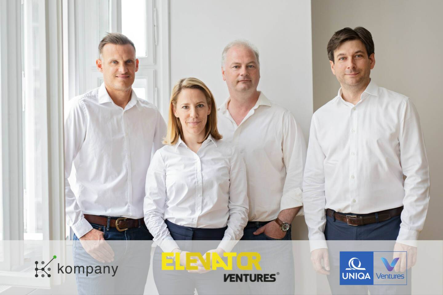 Elevator Ventures & Uniqa Ventures investieren in kompany: Andrew Bunce, Chief Product Officer; Peter Bainbridge-Clayton, Co-Founder & CTO; Johanna Konrad, Chief Operating Officer; Russell E. Perry, Founder & CEO; Credit: kompany