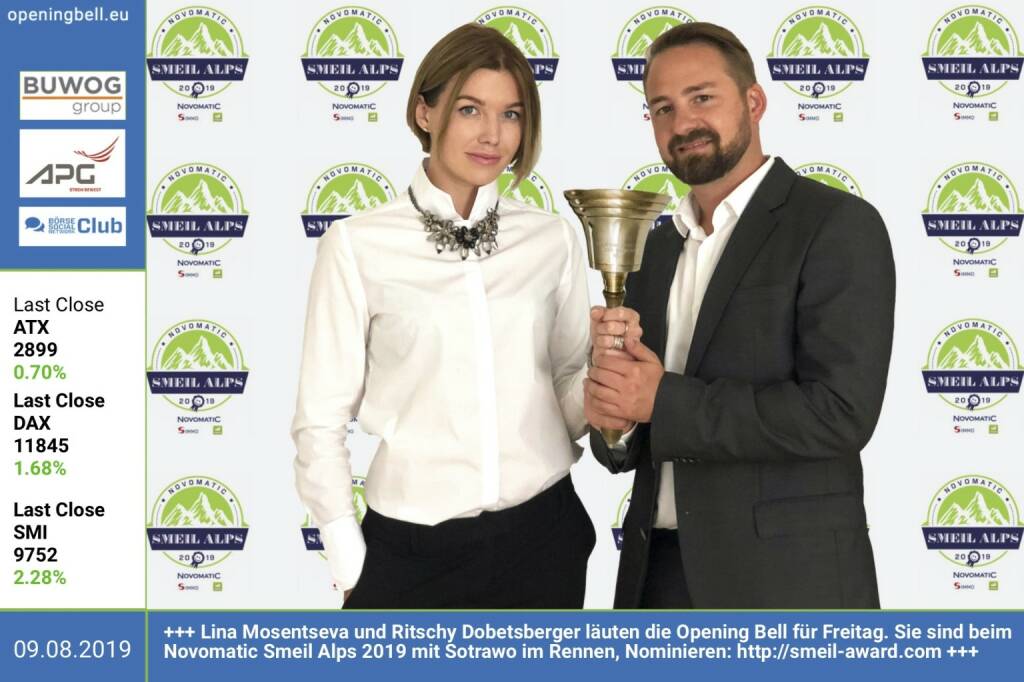 9.8.: Lina Mosentseva und Ritschy Dobetsberger läuten die Opening Bell für Freitag. Sie sind beim Novomatic Smeil Alps 2019 mit Sotrawo im Rennen, Nominieren: http://smeil-award.com https://www.sotrawo.com https://www.facebook.com/groups/GeldanlageNetwork (09.08.2019)