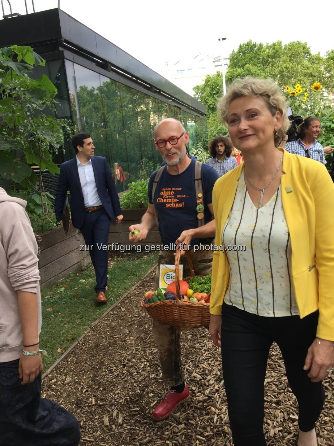 Lea Paulovics, Sebastian Bohrn-Mena, Johannes Guttmann, Gertraud Grabmann vor der PK Fakten zur klimafreundlichen Landwirtschaft und zur Rolle der Bio-Landwirtschaft, 13.8.19