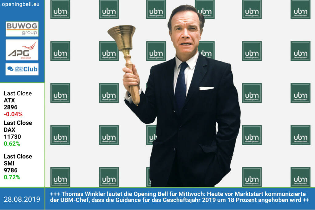 28.8.: Thomas Winkler läutet die Opening Bell für Mittwoch: Heute vor Marktstart kommunizierte der UBM-Chef, dass die Guidance für das Geschäftsjahr 2019 um 18 Prozent angehoben wird http://ubm-development.com  (28.08.2019) 