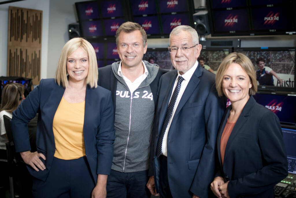 Start von Puls 24: Corinna Milborn, Markus Breitenecker, Alexander Van der Bellen, Stefanie Groiss-Horowitz (v.l.) (c) Chris Glanzl (01.09.2019) 