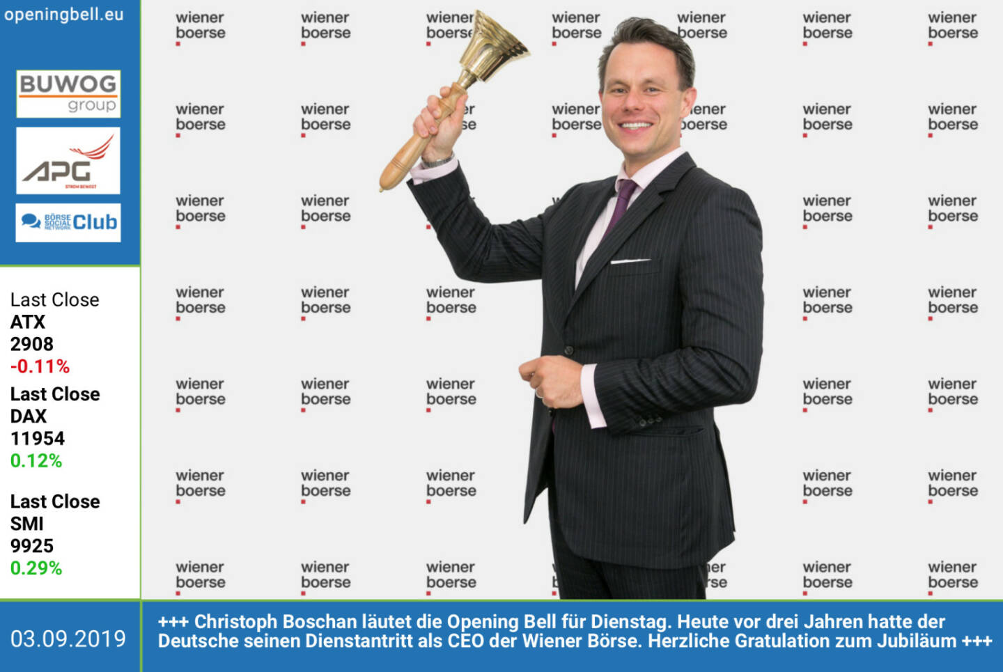3.9.: Christoph Boschan läutet die Opening Bell für Dienstag. Heute vor drei Jahren hatte der Deutsche seinen Dienstantritt als CEO der Wiener Börse. Herzliche Gratulation zum Jubiläum und ... well done http://www.wienerborse.at