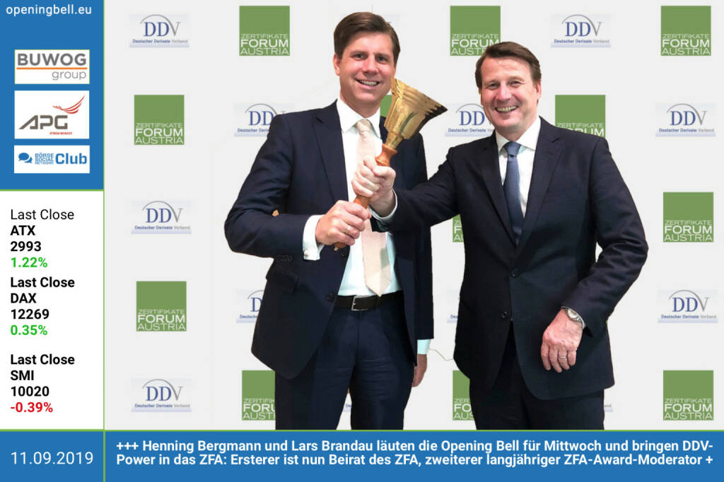 11.9.: Henning Bergmann und Lars Brandau läuten die Opening Bell für Mittwoch und bringen DDV-Power in das ZFA: Ersterer ist nun Beirat des ZFA, zweiterer langjähriger ZFA-Award-Moderator http://www.derivateverband.de http://www.zertifikateforum.at (11.09.2019) 