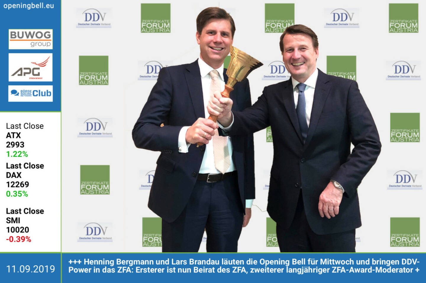 11.9.: Henning Bergmann und Lars Brandau läuten die Opening Bell für Mittwoch und bringen DDV-Power in das ZFA: Ersterer ist nun Beirat des ZFA, zweiterer langjähriger ZFA-Award-Moderator http://www.derivateverband.de http://www.zertifikateforum.at