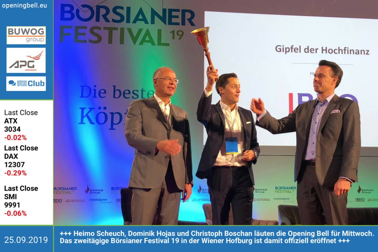 25.9.: Heimo Scheuch, Dominik Hojas und Christoph Boschan läuten die Opening Bell für Mittwoch. Das zweitägige Börsianer Festival 19 in der Wiener Hofburg ist damit offiziell eröffnet https://boersianer-festival.com