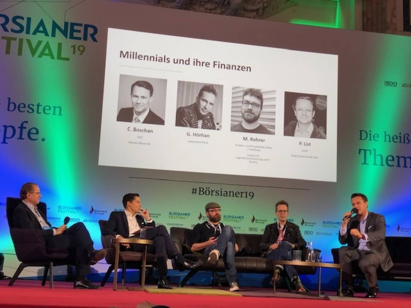 Panel Millennials: Philip List (Erste FLIP), Dominik Hojas (Börsianer), Matthias Rohrer (Jugendforscher), Investmentpunk Gerald Hörhan, Börse-Chef Christoph Boschan