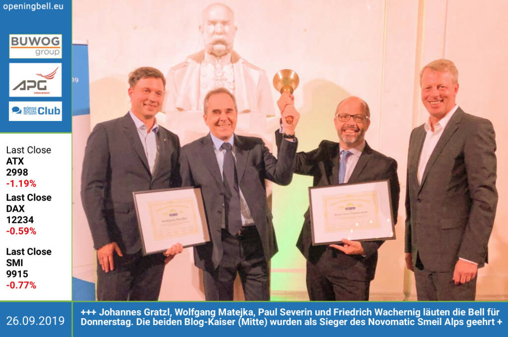 26.9.: Hauptsponsor Johannes Gratzl (CFO Novomatic), Einzelsieger Wolfgang Matejka, Corporate Sieger Paul Severin (Erste Asset Management) und Sponsor Friedrich Wachernig (S Immo) läuten die Opening Bell für Donnerstag. Die mittleren beiden Blog-Kaiser wurden unter dem echten Kaiser am Börsianer Festival 19 als Sieger des Finanzblogger Wettbewerbs Novomatic Smeil Alps 19 gekürt. Viel mehr dazu im nächsten http://www.boerse-social.com/magazine http://www.smeil-award.com http://wolfgang-matejka.com https://blog.de.erste-am.com https://boersianer-festival.com  (26.09.2019)