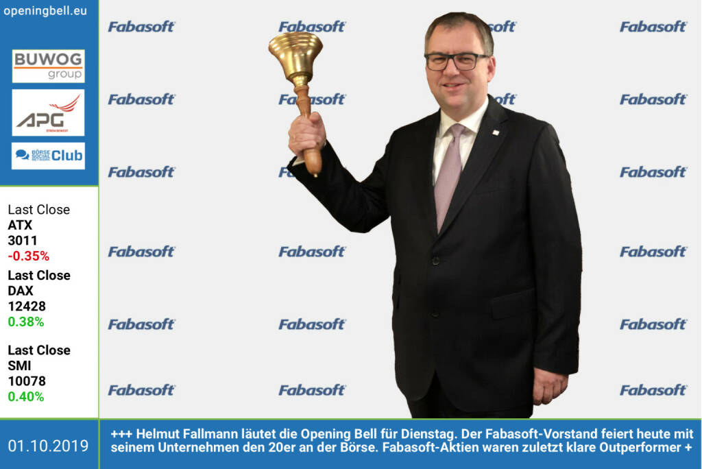 1.10.: Helmut Fallmann läutet die Opening Bell für Dienstag. Der Fabasoft-Vorstand feiert heute mit seinem Unternehmen den 20er an der Börse. Fabasoft-Aktien waren zuletzt über Jahre hindurch klare Outperformer. Alles Gute! http://www.fabasoft.com (01.10.2019) 