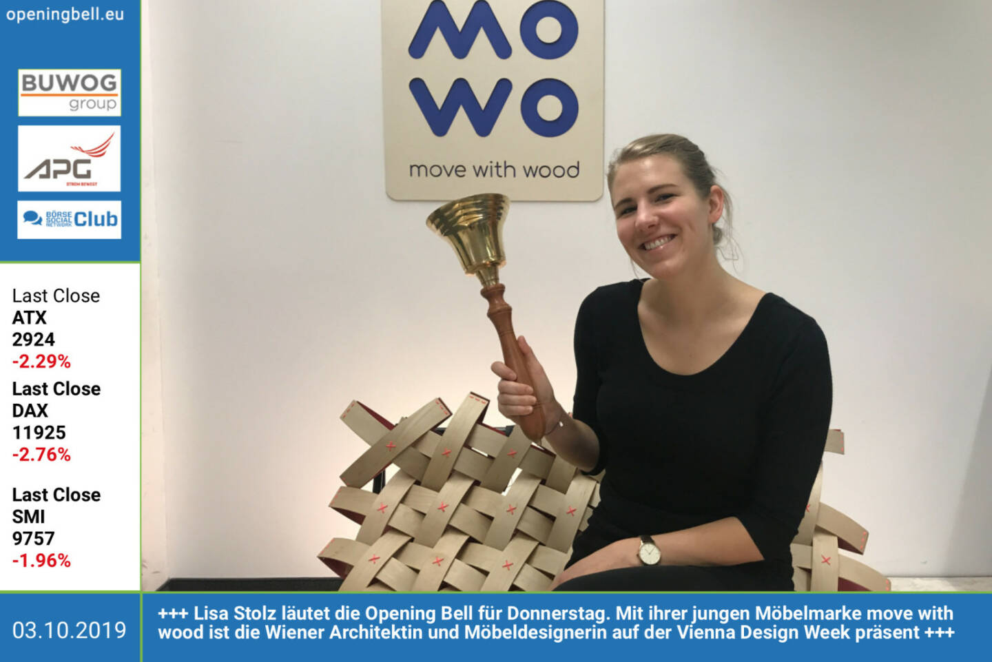 3.10.: Lisa Stolz läutet die Opening Bell für Donnerstag. Mit ihrer jungen Möbelmarke move with wood ist die Wiener Architektin und Möbeldesignerin auf der Vienna Design Week präsent https://www.lisastolz.com https://www.viennadesignweek.at