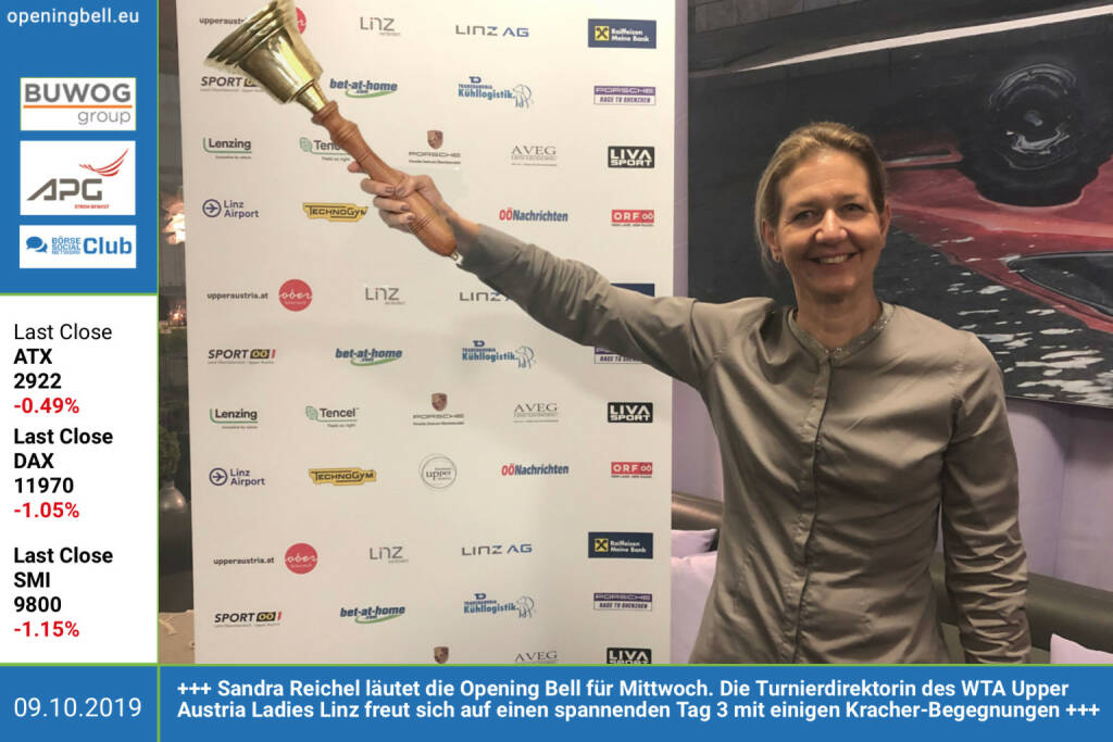 9.10.: Sandra Reichel läutet die Opening Bell für Mittwoch. Die Turnierdirektorin des WTA Upper Austria Ladies Linz freut sich auf einen spannenden Tag 3 mit einigen Kracher-Begegnungen https://www.ladieslinz.at/ http://www.sportgeschichte.at  (09.10.2019) 