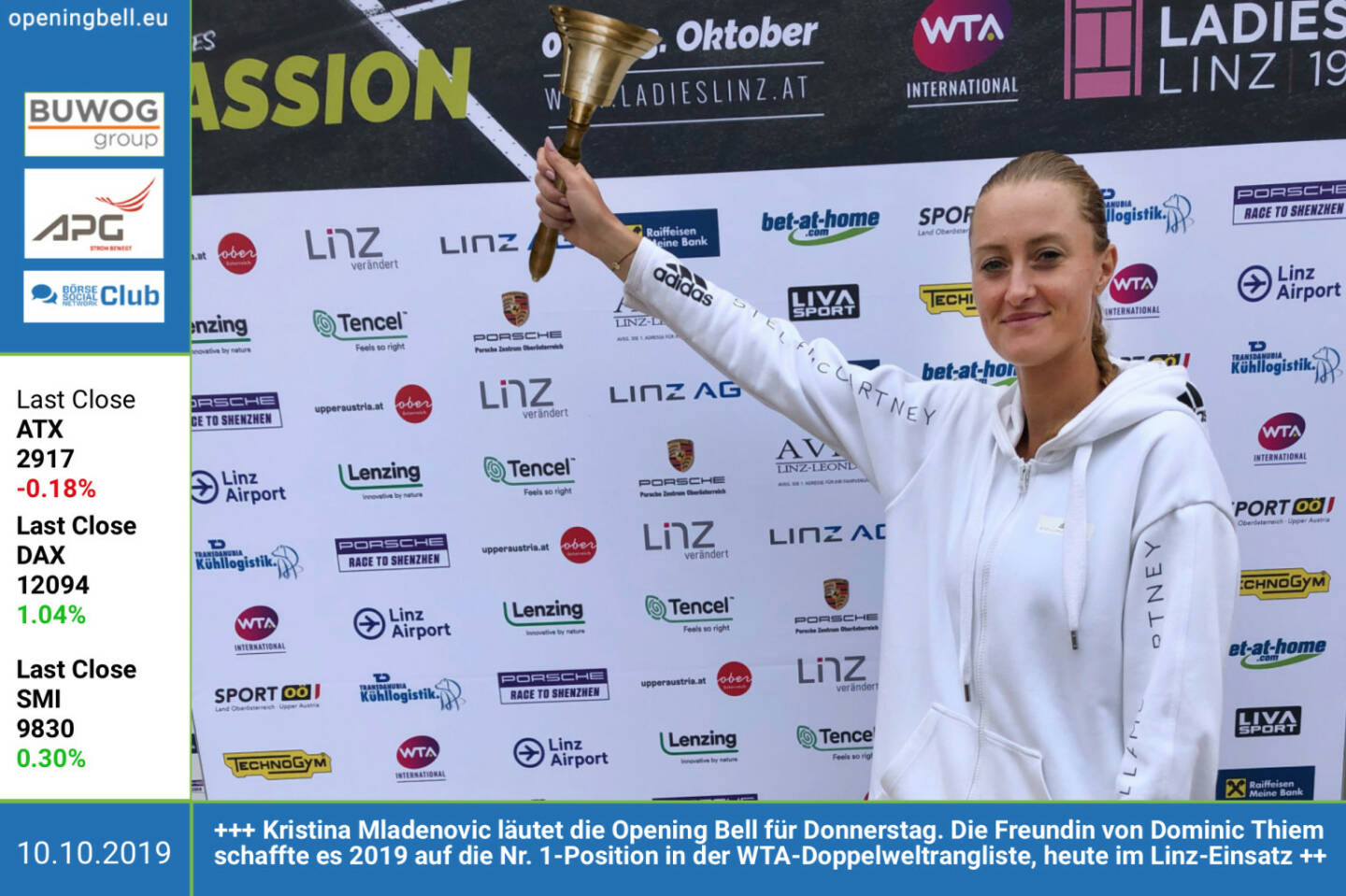 10.10.: Kristina Mladenovic läutet die Opening Bell für Donnerstag. Die Freundin von Dominic Thiem schaffte es 2019 auf die Nr. 1-Position in der WTA-Doppelweltrangliste, heute im Linz-Einsatz https://www.ladieslinz.at/ http://www.sportgeschichte.at
