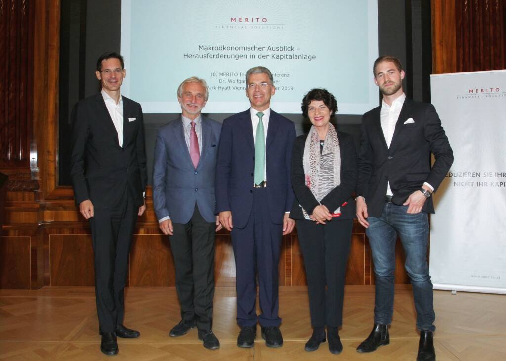 10. Merito Investmentkonferenz in Wien: v.l.n.r.: Georg Kopetz, Aurel Schubert, Wolfgang Habermayer, Petra Grimm, Alexander Weber; Credit:  Willibald Haslinger (11.10.2019) 