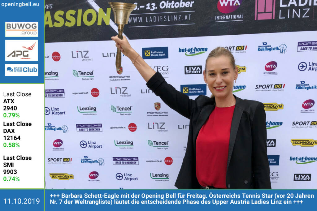 11.10.: Barbara Schett-Eagle mit der Opening Bell für Freitag. Österreichs Tennis Star (vor 20 Jahren Nr. 7 der Weltrangliste) läutet die entscheidende Phase des Upper Austria Ladies Linz ein https://www.ladieslinz.at/ http://www.sportgeschichte.at (11.10.2019) 