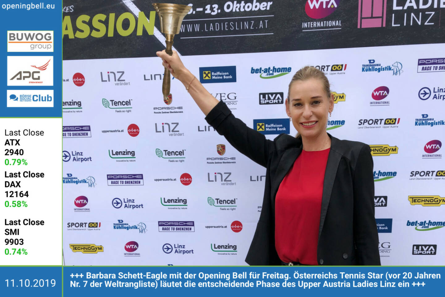 11.10.: Barbara Schett-Eagle mit der Opening Bell für Freitag. Österreichs Tennis Star (vor 20 Jahren Nr. 7 der Weltrangliste) läutet die entscheidende Phase des Upper Austria Ladies Linz ein https://www.ladieslinz.at/ http://www.sportgeschichte.at
