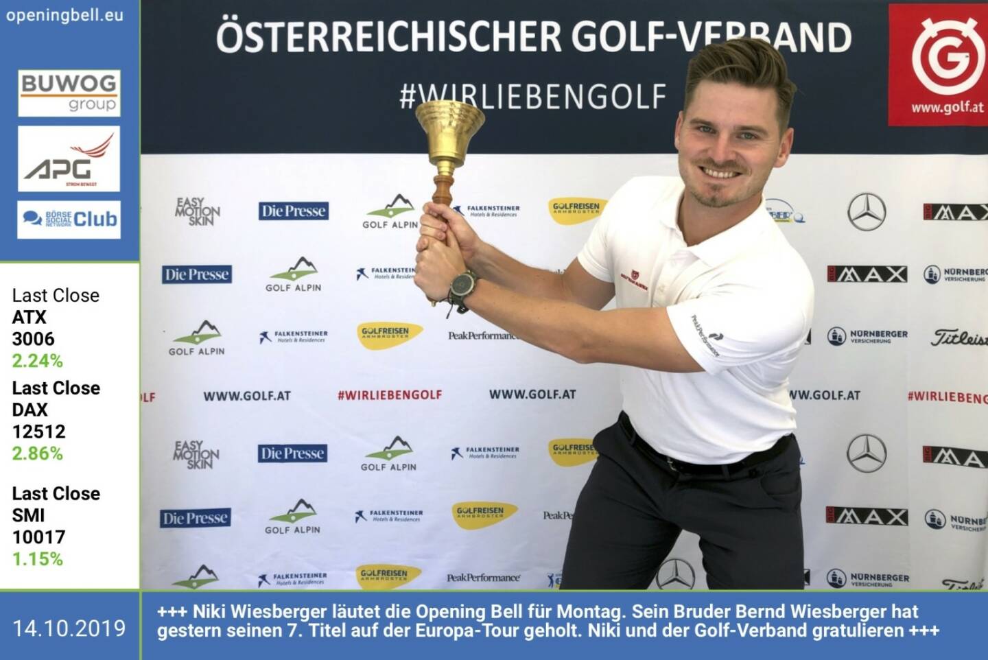 14.10.: Niki Wiesberger läutet die Opening Bell für Montag. Sein Bruder Bernd Wiesberger hat gestern seinen 7. Titel auf der Europa-Tour geholt. Niki und der Golf-Verband gratulieren https://www.golf.at http://www.sportgeschichte.at