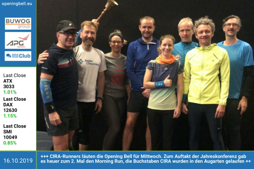 16.10.: CIRA-Runners läuten die Opening Bell für Mittwoch. Zum Auftakt der Jahreskonferenz gab es heuer zum 2. Mal den Morning Run, die Buchstaben CIRA wurden in den Augarten gelaufen, siehe hier https://photaq.com/page/index/3696 http://www.cira.at (16.10.2019)