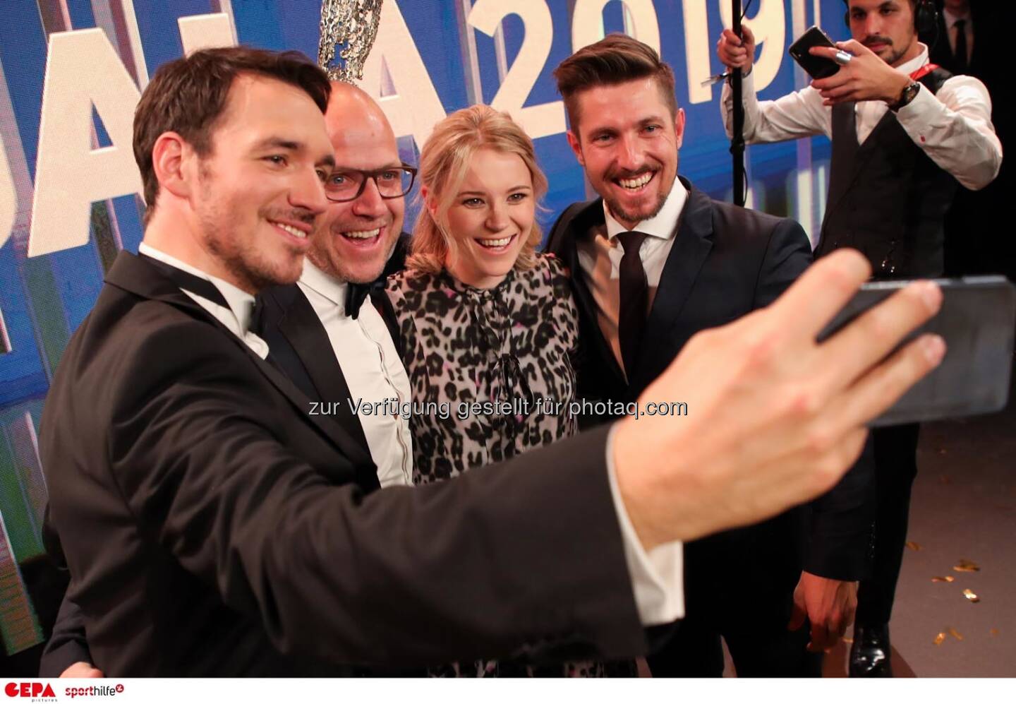 Felix Neureuther, Stefan Illek, Miriam Neureuther und Marcel Hirscher. Photo: GEPA pictures/ Christian Walgram