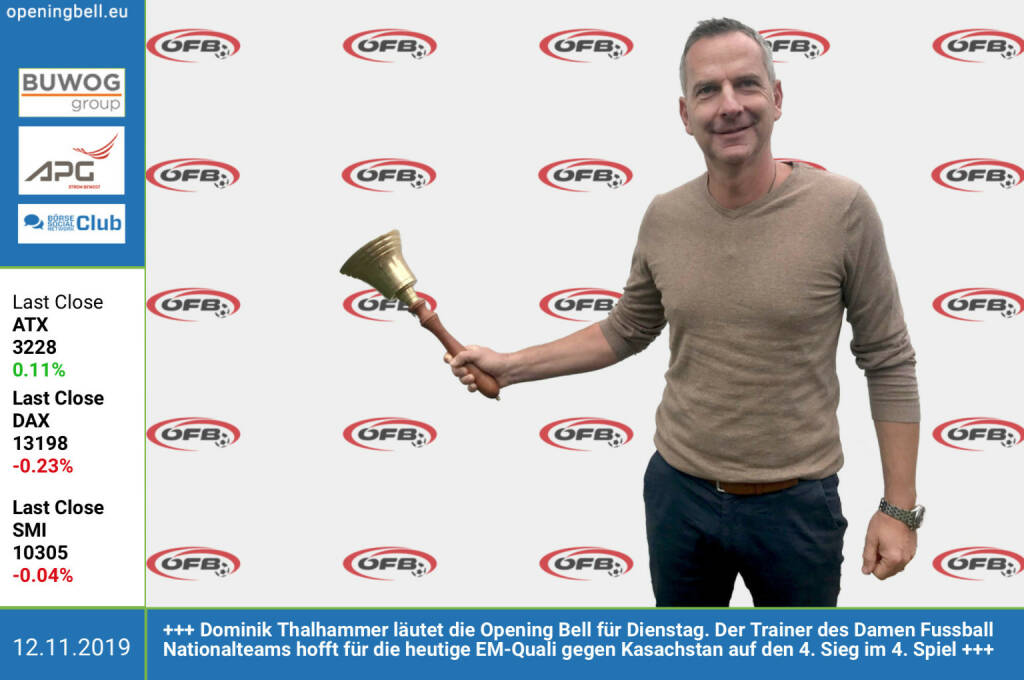 12.11.:  Dominik Thalhammer läutet die Opening Bell für Dienstag. Der Trainer des Damen Fussball Nationalteams hofft für die heutige EM-Quali gegen Kasachstan auf den 4. Sieg im 4. Spiel  (17:55 Südstadt) http://www.oefb.at  (12.11.2019)