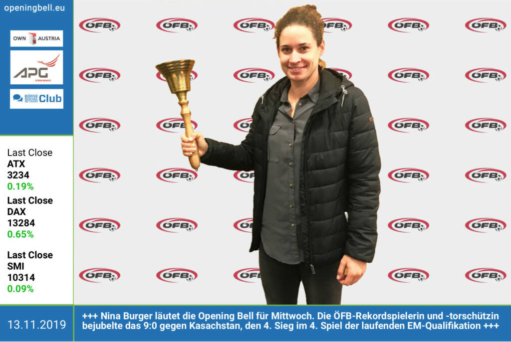 13.11.:  Nina Burger läutet die Opening Bell für Mittwoch. Die ÖFB-Rekordspielerin und -torschützin bejubelte das 9:0 gegen Kasachstan, den  4. Sieg im 4. Spiel der laufenden EM-Qualifikation  http://www.oefb.at  (13.11.2019)