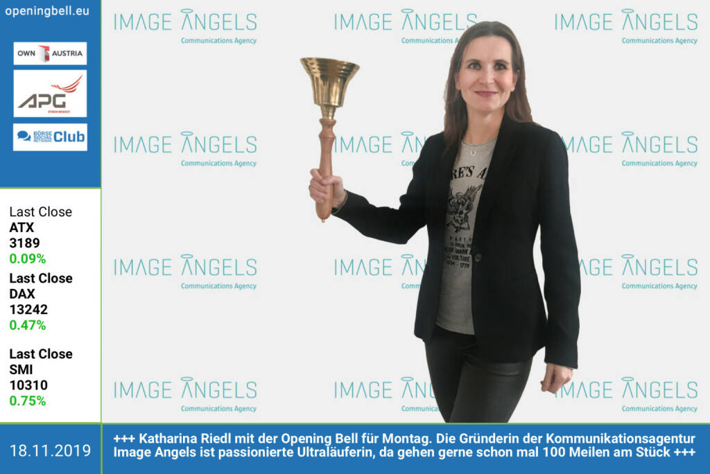 18.11.: Katharina Riedl mit der Opening Bell für Montag. Die Gründerin der Kommunikationsagentur Image Angels ist passionierte Ultraläuferin, da gehen gerne schon mal 100 Meilen am Stück http://www.image-angels.at http:///www.sportgeschichte.at (18.11.2019) 