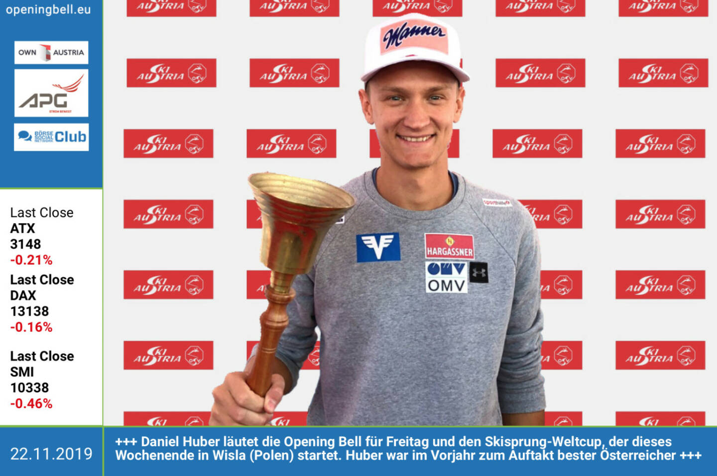 22.11.:  Daniel Huber läutet die Opening Bell für Freitag und den Skisprung-Weltcup, der dieses Wochenende in Wisla (Polen) startet. Huber war im Vorjahr zum Auftakt bester Österreicher http://www.oesv.at