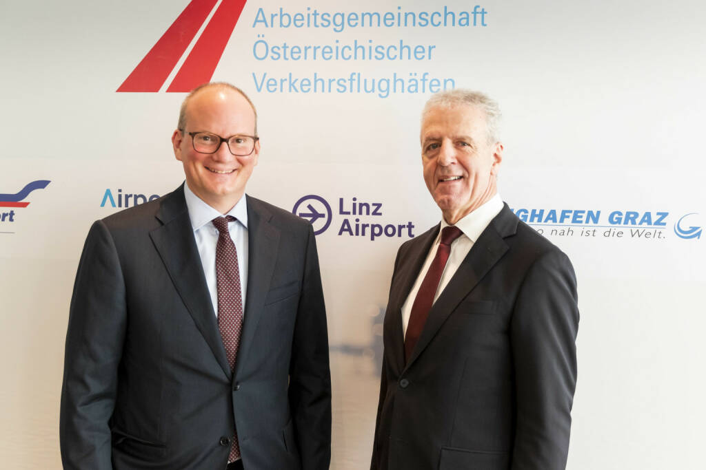 Arbeitsgemeinschaft Österreichischer Verkehrsflughäfen: Österreichische Flughäfen reduzieren ihre CO2-Emissionen bis 2050 auf Null, Julian Jäger, Präsident AÖV und Vorstand Flughafen Wien AG, und Gerhard Widmann, Vizepräsident AÖV und Geschäftsführer Flughafen Graz; Credit: AÖV, © Aussender (12.12.2019) 