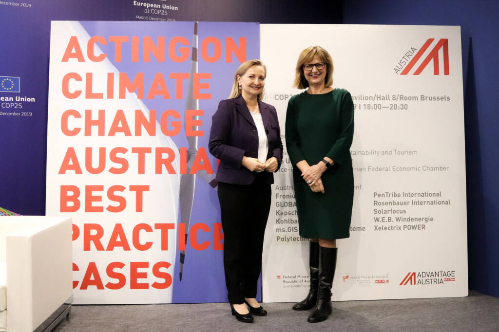 Wirtschaftskammer Österreich: Eco Tech ‚made in Austria‘ zeigt bei UN-Klimakonferenz in Madrid Lösungen für Klimaschutz, WKÖ-Vizepräsidentin Rabmer-Koller mit Bundesministerin für Nachhaltigkeit und Tourismus Maria Patek; Fotocredit:WKÖ, © Aussender (12.12.2019) 