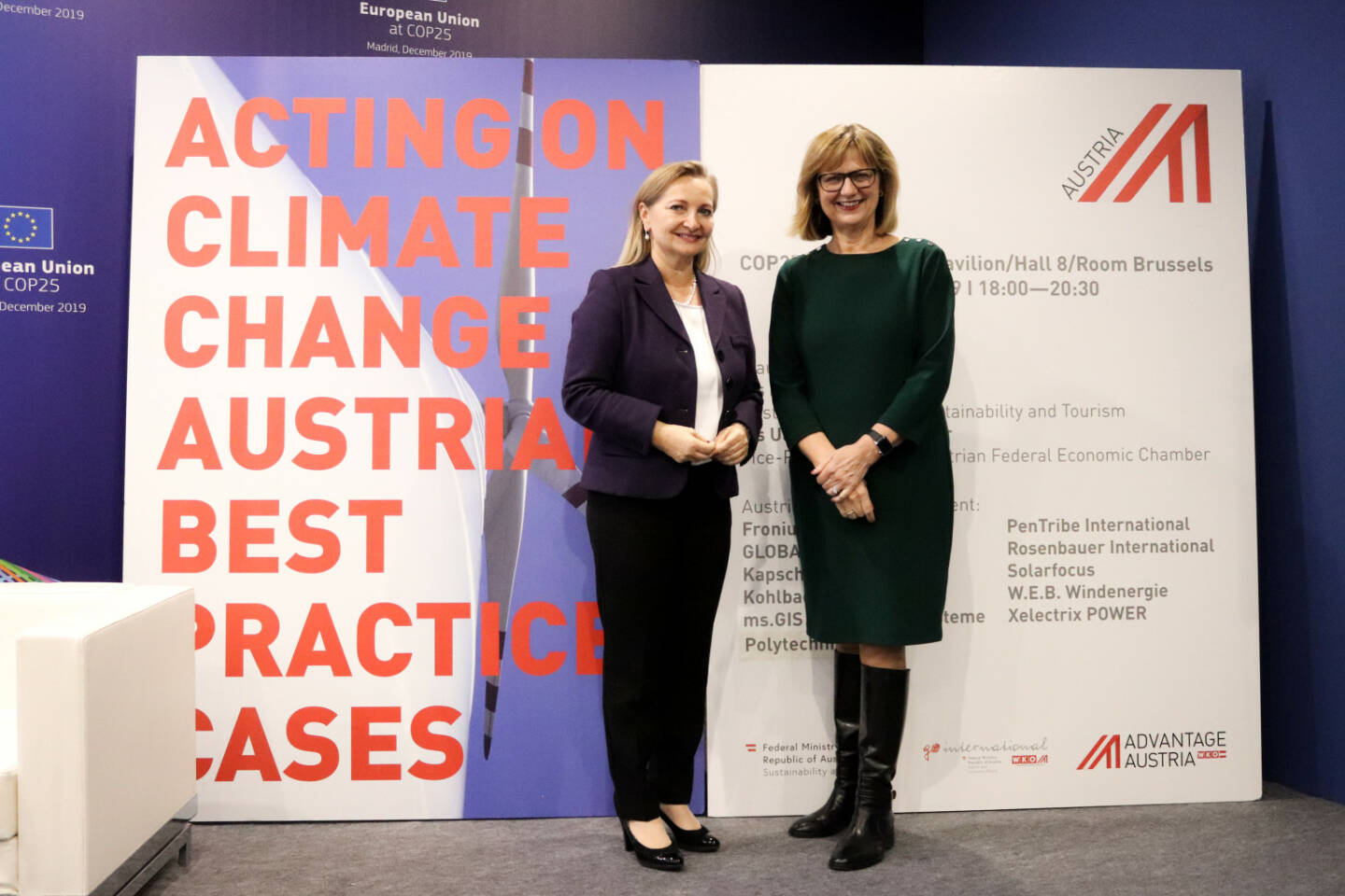 Wirtschaftskammer Österreich: Eco Tech ‚made in Austria‘ zeigt bei UN-Klimakonferenz in Madrid Lösungen für Klimaschutz, WKÖ-Vizepräsidentin Rabmer-Koller mit Bundesministerin für Nachhaltigkeit und Tourismus Maria Patek; Fotocredit:WKÖ