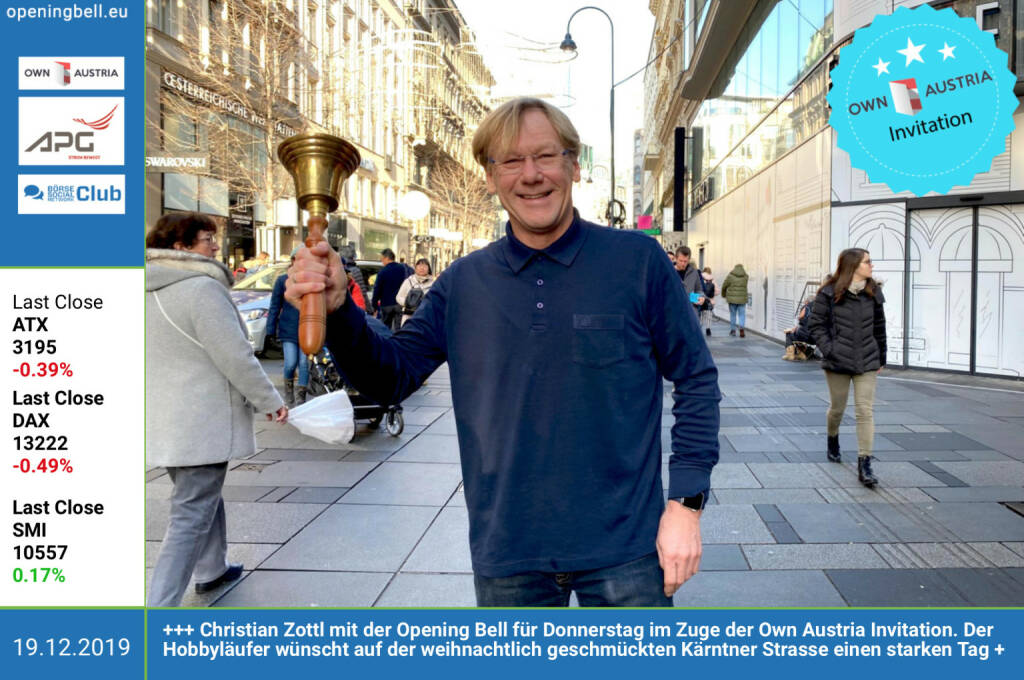 19.12.: Christian Zottl mit der Opening Bell für Donnerstag im Zuge der Own Austria Invitation. Der Hobbyläufer wünscht auf der weihnachtlich geschmückten Kärntner Strasse einen starken Business-Tag (19.12.2019) 