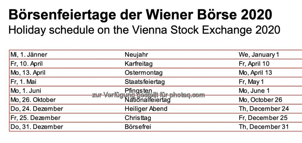 Börsefeiertage 2020 (c) Wiener Börse  (06.01.2020) 