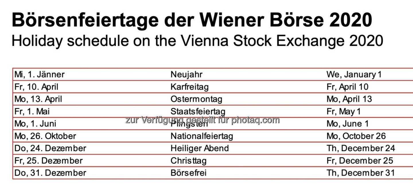 Börsefeiertage 2020 (c) Wiener Börse 