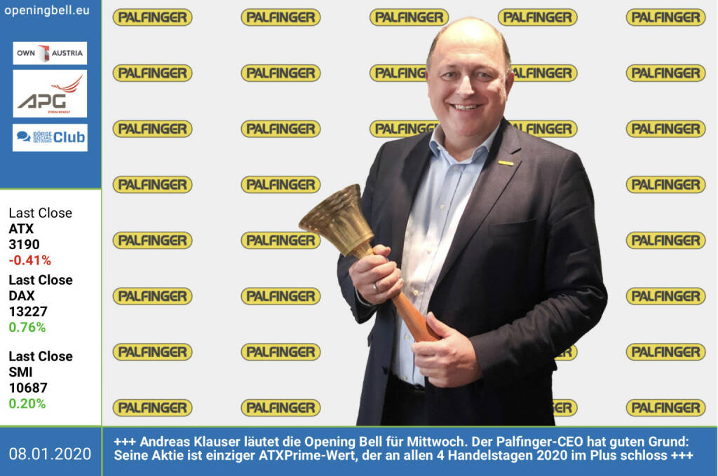 8.1.: Andreas Klauser läutet die Opening Bell für Mittwoch. Der Palfinger-CEO hat guten Grund: Seine Aktie ist einziger ATXPrime-Wert, der an allen bisherigen 4 Handelstagen 2020 im Plus schloss http://www.palfinger.com . Und von hier aus arbeitet er: https://boerse-social.com/plan/shared/26_palfinger_ag-headquarter  (08.01.2020)